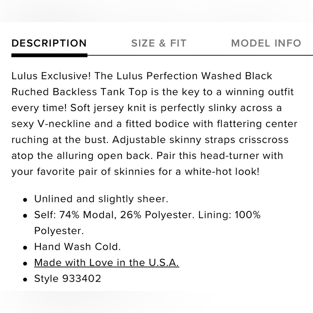 Lulu’s black spaghetti strap tank w/ruched front. Small. Adjustable straps. - Picture 3 of 10